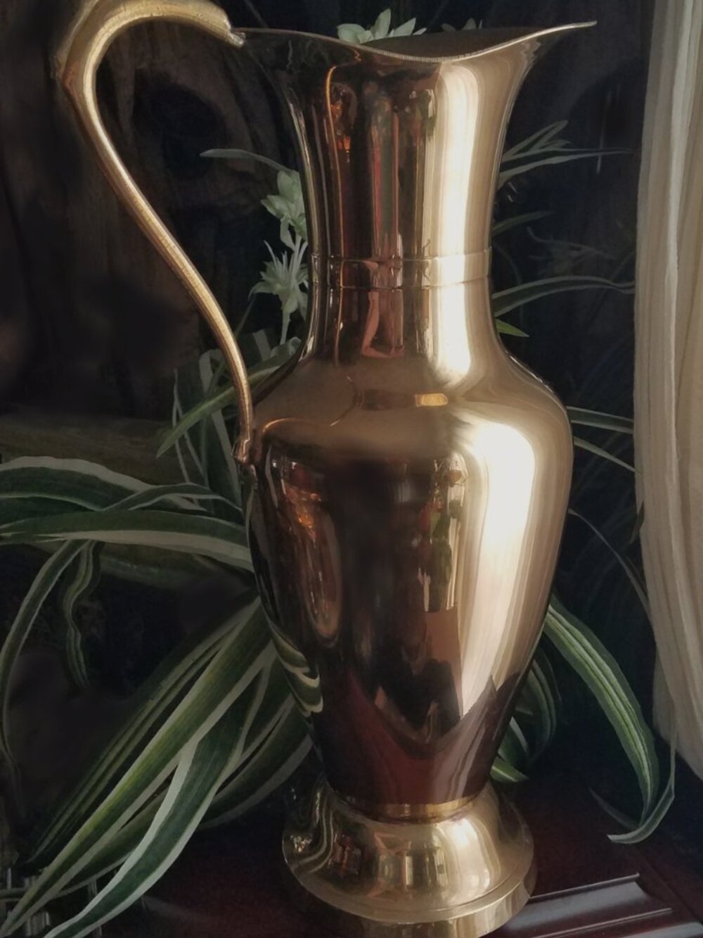 Large Handmade Polished Solid Brass Pedestal Pitcher Vase, Table or Floor, 15" - Picture 2 of 5
